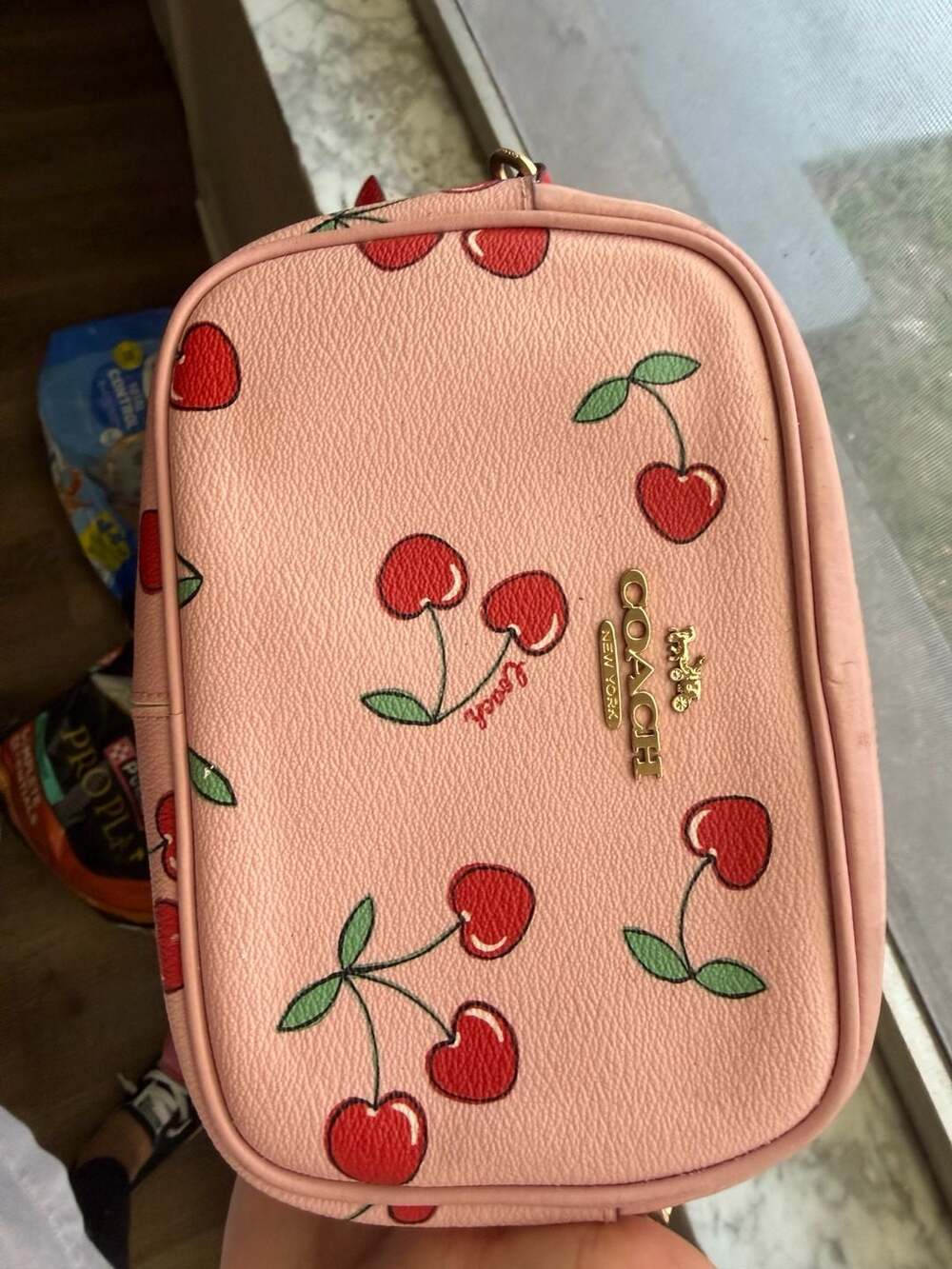 Coach Cherry Print Pink Leather Cosmetic Pouch Bag